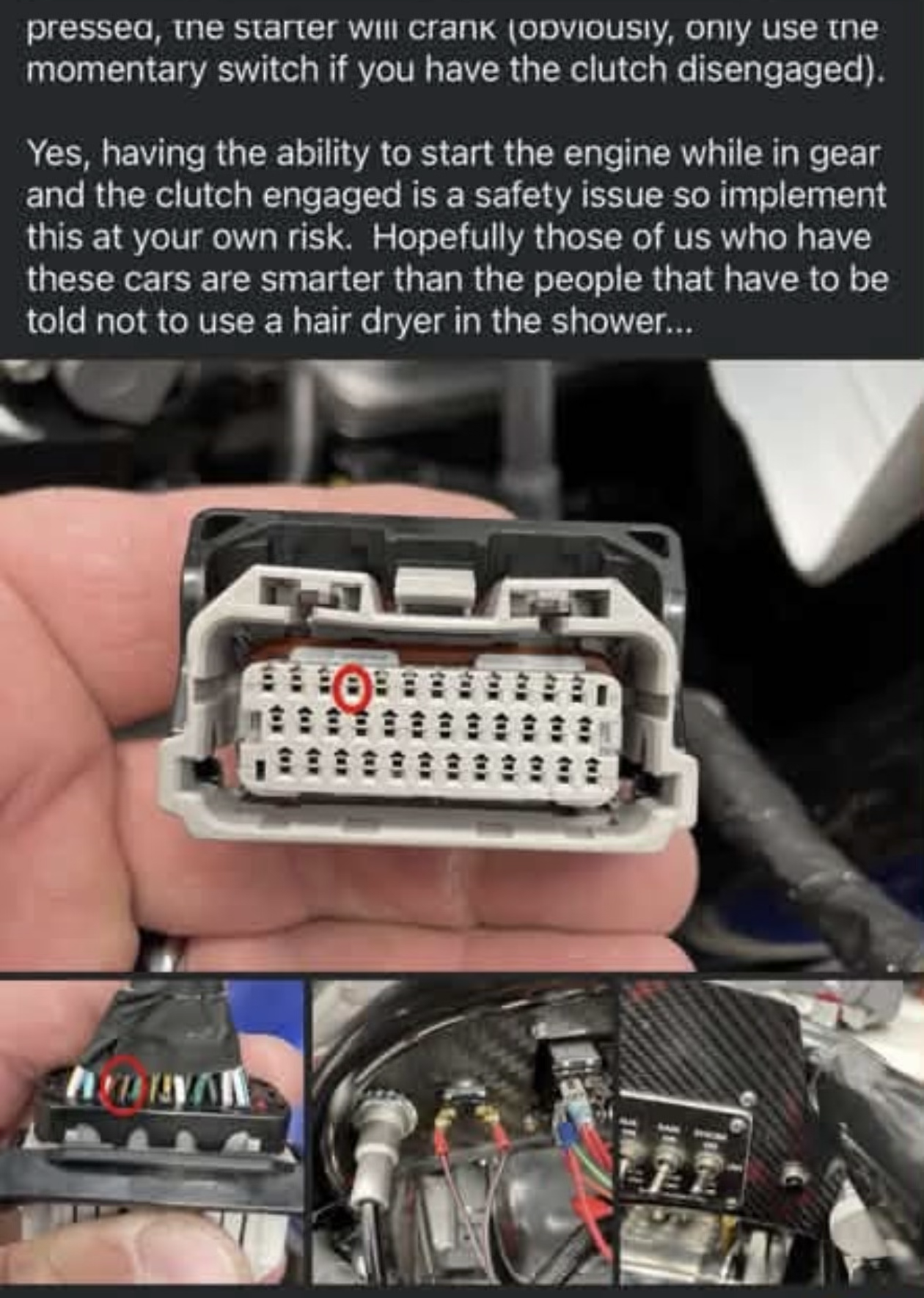 Clutch switch wire circled on the Gen1 KLine ECU connector, with clutch-bypass switch wiring and install photos